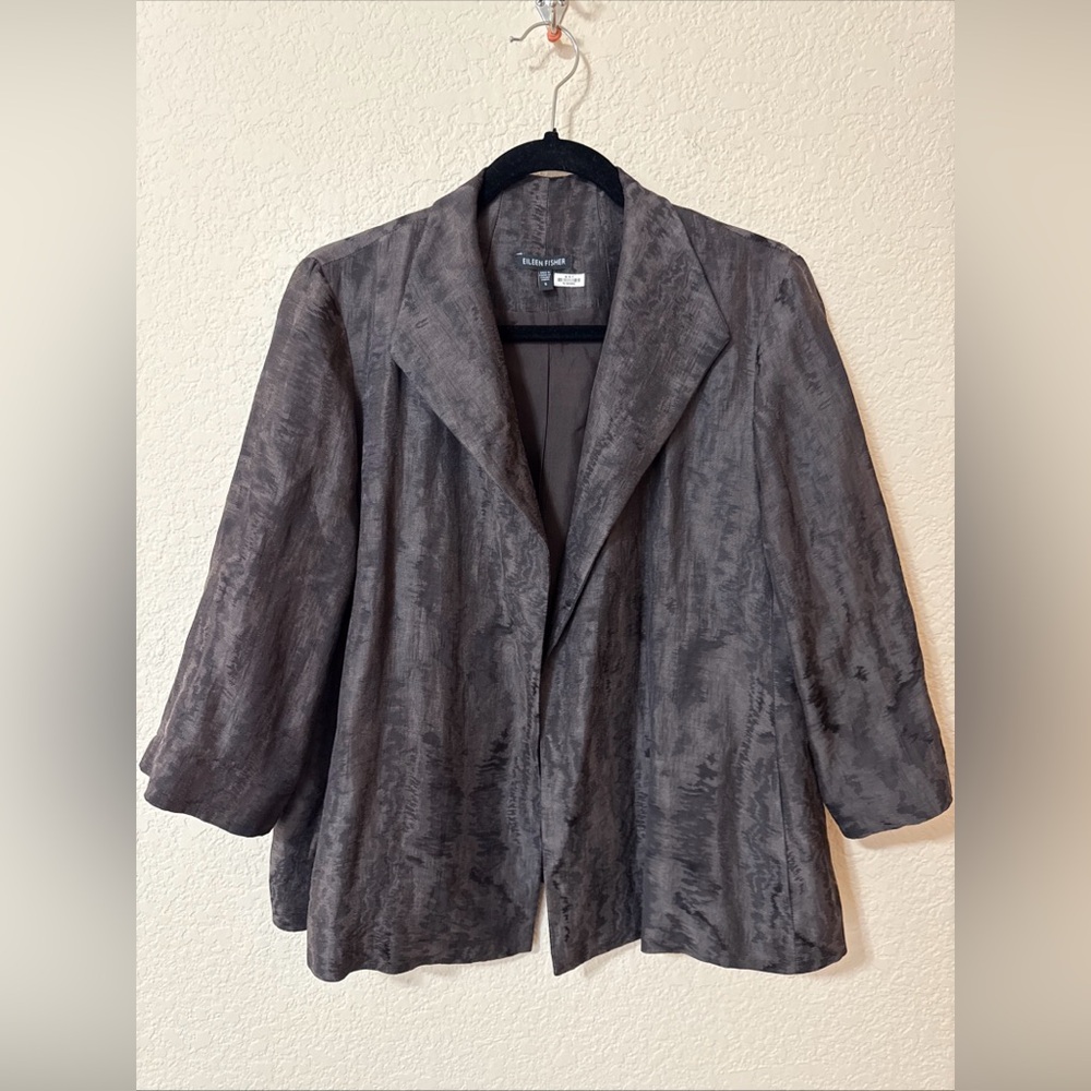Eileen Fisher Open Front Blazer Cardigan‎ Jacket Jacquard Chocolate Brown Sz S